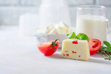 Homemade cheese with tomatoes on a light background. Copy space background.