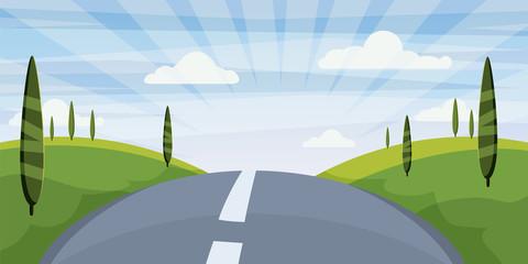Cartoon landscape with road, higway and summer, sea, sun, trees. Trip, vacation, travel. Vector illustration, isolated, cartoon style