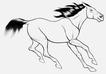 Quick sketch of monochromatic horse with dark long mane, galloping free. Vector clip art and design element for equestrian farms. Emblem of an agricultural animal.
