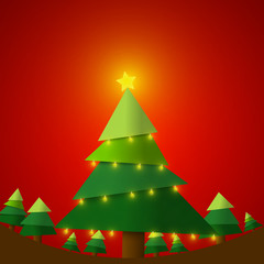Vector : Christmas tree with pennant flags on red background