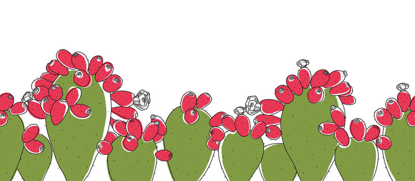 Pink and Green Opuntia Cactus Plant Line Seamless Border