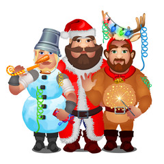 Three men in funny carnival Christmas costumes isolated on white background. Vector cartoon close-up illustration.