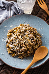 Barley porridge with mushrooms and chicken, top view
