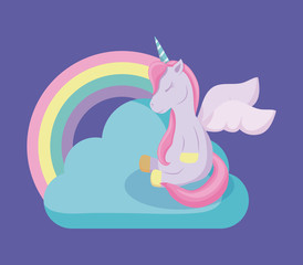 cute unicorn of fairy tale with rainbow and cloud