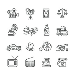 Naklejka premium Retro related icons: thin vector icon set, black and white kit