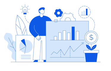 Vector flat line style business and finance  design concept with big modern person  holding financial graphs.Trendy investment and stock  illustration with diagrams, light bulb,money plant and leaves.