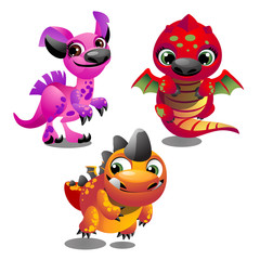 Set of funny colorful fantasy pets with big trusting eyes isolated on white background. Elements to create images, cards and other graphics in style for children. Vector cartoon close-up illustration.