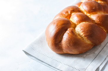 Homemade challah bread, selective focus.