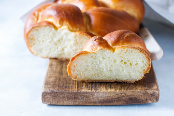 Homemade challah bread, selective focus.