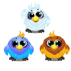 Set of funny colorful animated birds with big trusting eyes isolated on white background. Elements to create images in style for children. Vector cartoon close-up illustration.