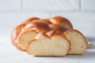 Homemade challah bread, selective focus.