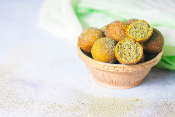 donuts vegetarian with matcha tea. Copy space.