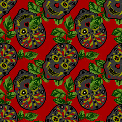 Seamless pattern with skull and leaves. Floral skull background