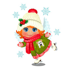 Animated cute little girl in winter clothes, knitted hat with pompon decorated with holly with angel wings skates, isolated on a white background. Vector cartoon close-up illustration.