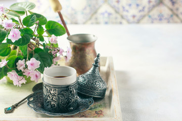 Traditional Turkish coffee. Coffee in the oriental style vintage.