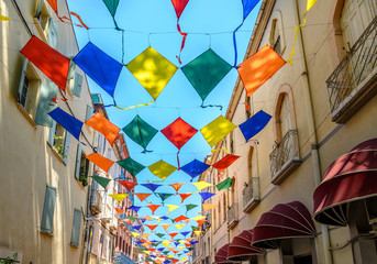 Fototapeta na wymiar Kites as street decoration in Céret, Roussillon France