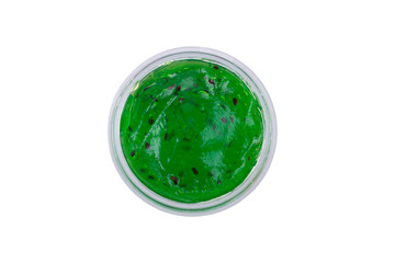 Natural face mask. Aloe Vera and fruit extracts for skin care. Top view. Isolated on white background