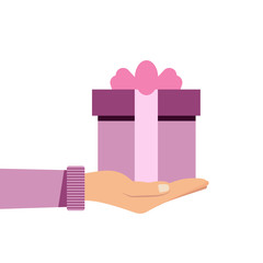 Hand holding or offering gift or present with pink bow. Vector illustration in flat style.