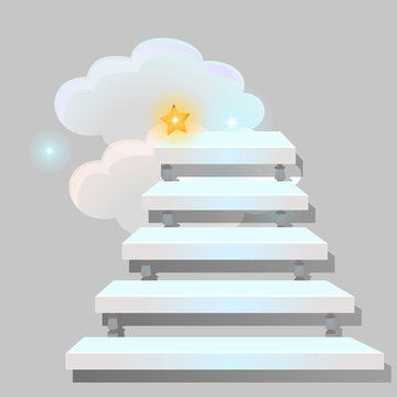 White stair leading into the clouds isolated on grey background. Sketch for greeting card, festive poster or party invitations. The way to get a star. Vector cartoon close-up illustration.
