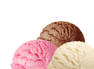 Strawberry, vanilla, chocolate different flavor ice cream scoops side view on white background