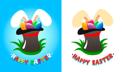 Tall hat with colorful eggs standing on the grass, and looking out ears of a hare on a blue background with the text Happy Easter. Set of two Easter illustrations on a blue and white background.