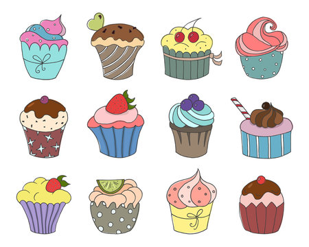 Set of hand drawn cupcakes on white background.