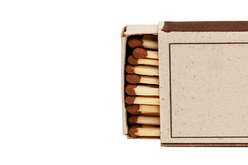 Matches in a box, isolated light background. Open the matches in a matchbox.