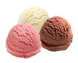 Strawberry, vanilla, chocolate different flavor ice cream scoops side view on white background