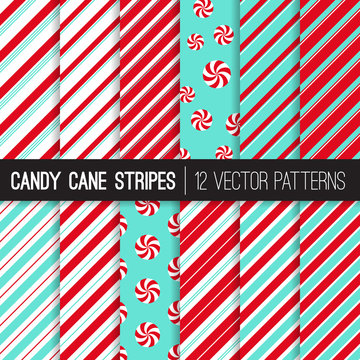 
Candy Cane Stripes and Peppermints Vector Patterns in Red, Aqua Blue and White. Popular Christmas Background. Variable Thickness Diagonal Lines. Repeating Pattern Tile Swatches Included