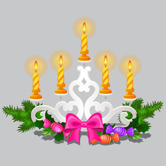 Christmas sketch with burning candles in candle holder with festive decorations, sweets and baubles isolated on grey background. Vector cartoon close-up illustration.