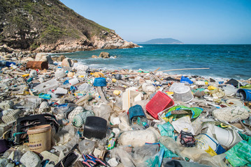Beach covered in plastic rubbish, Lap Sap Wan, New Territories, Hong Kong, China