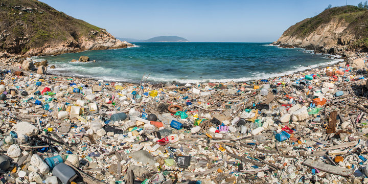 Beach covered in plastic rubbish, Lap Sap Wan, New Territories, Hong Kong, China