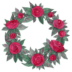 Wreath from watercolor roses. Hand drawn, isolated on white background