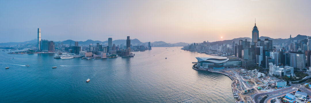 View over Victoria Harbour and Hong Kong at sunset, China