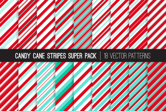 Christmas Candy Cane Stripes Vector Patterns in Aqua Blue, Red and White. Classic Winter Holiday Treat. Striped Backgrounds. Variable Thickness Diagonal Lines. Repeating Pattern Tile Swatches Included