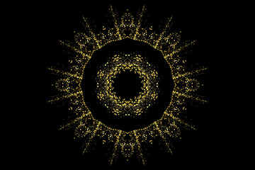 Gold glitter party confetti texture round banner frame with place for text on a black background. Circle golden explosion of confetti. Colorful grainy abstract dust. Christmas background design.