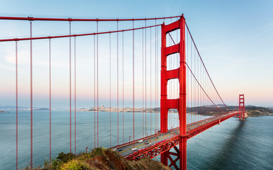 View of Golden Gate Bridge from Golden Gate Bridge Vista Point at sunset, San Francisco, California