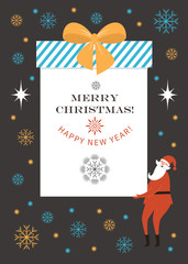 Santa Claus carry big Christmas gift box surprise. Greeting card. Merry Christmas and Happy New Year , flat vector illustration