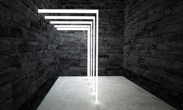 Abstract arch in a dark empty room. Light neon lamps. Old brick wall. 3D Rendering.