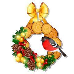 Christmas sketch with wooden wreath with fir twigs decorated with golden ribbon bow, red berries of Holly, pine cones and bullfinch. Sample of poster, invitation, other card. Vector Illustration.