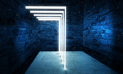 Abstract arch in a dark empty room. Light neon lamps. Old brick wall. 3D Rendering.