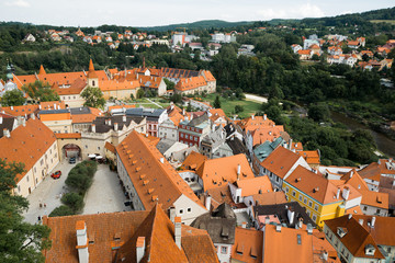 The top view of the river Ltava, as well as the beautiful red roofs of the Czech city of Cesky Krumlov