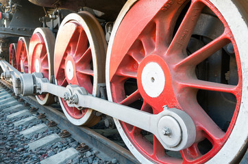 Steam locomotive detail with cranks and wheels