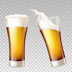 Vector realistic golden beer splashes in transparent glass. White foam on yellow alcohol drink inside of pint, tankard. Mockup for ad poster, promo banner. Ale or other frothy liquid, brewery product