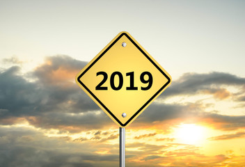 happy new year 2019. road sign 2019 on the sunset sky. 3D illustration