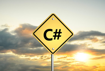 C sharp programming language.   road sign c# on the sunset sky. 3D illustration