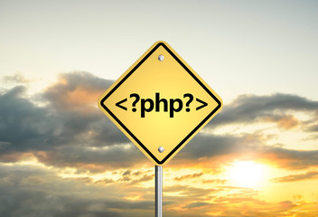php programming language. road sign php on the sunset sky. 3D illustration