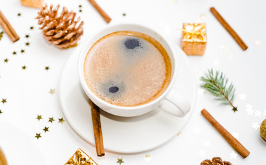 cup of hot coffee on a christmas holiday table. holidays and events consept. Flat lay, Top view