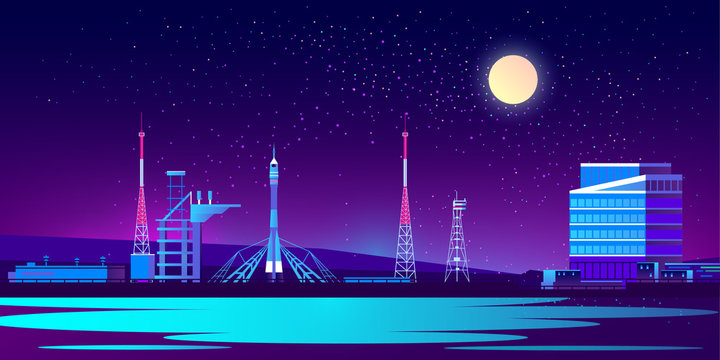 Vector spaceport at night with rocket, control room and radio tower. Science base in ultra violet colors on full moon background. Station for cosmos exploration with transport. Technology concept.