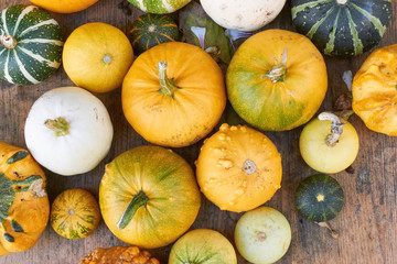 Top view of yellow, white and green gourds in different shapes on a wooden background      